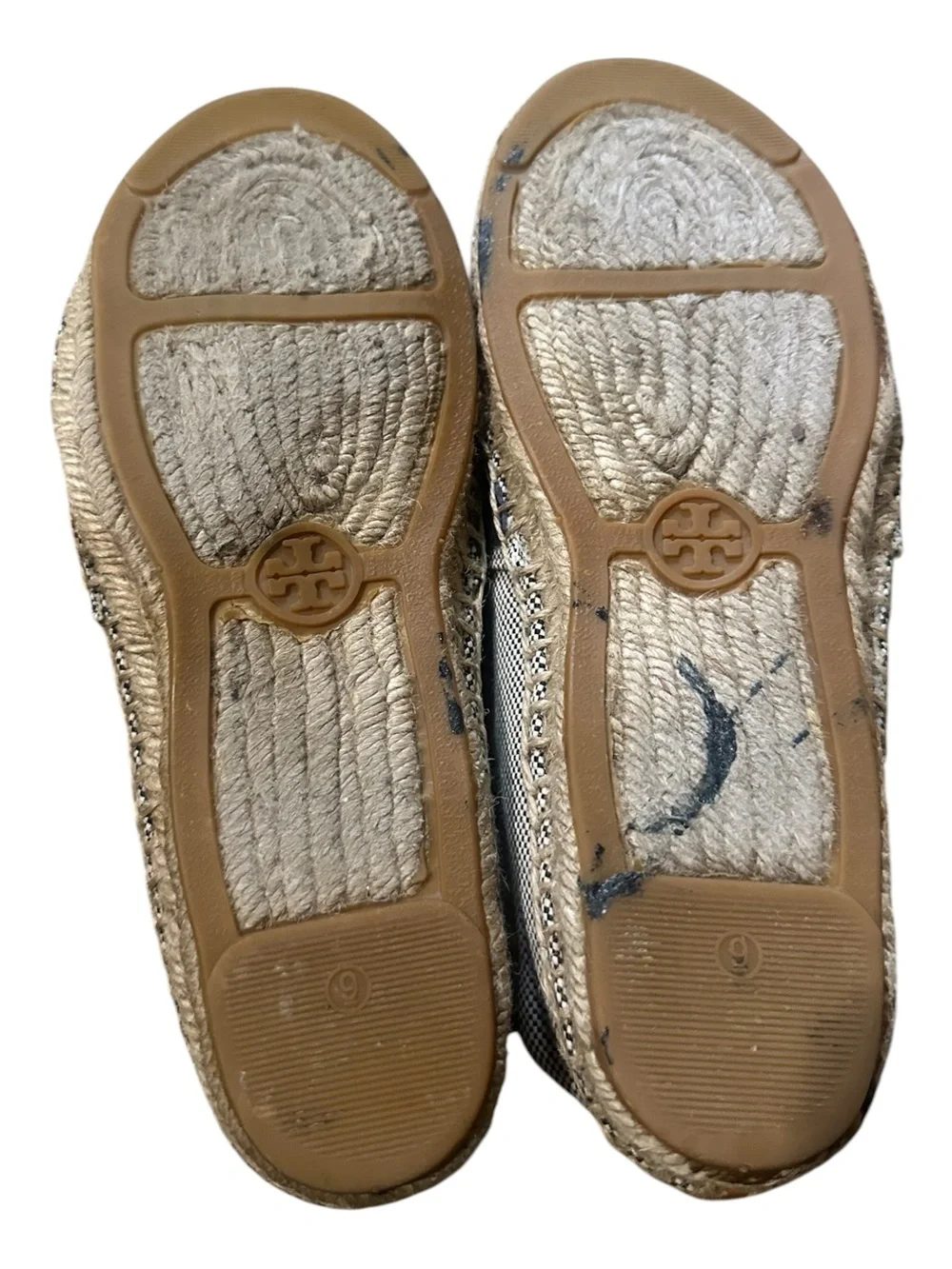 Tory Burch Lonnie Flat Espadrilles Navy Ivory Checkered Canvas Pattern Size 9